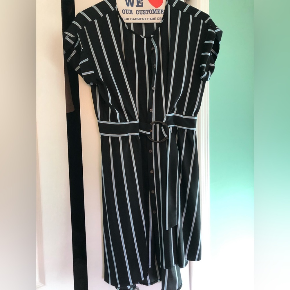 Vince Camuto petite med blue striped belted shirt dress